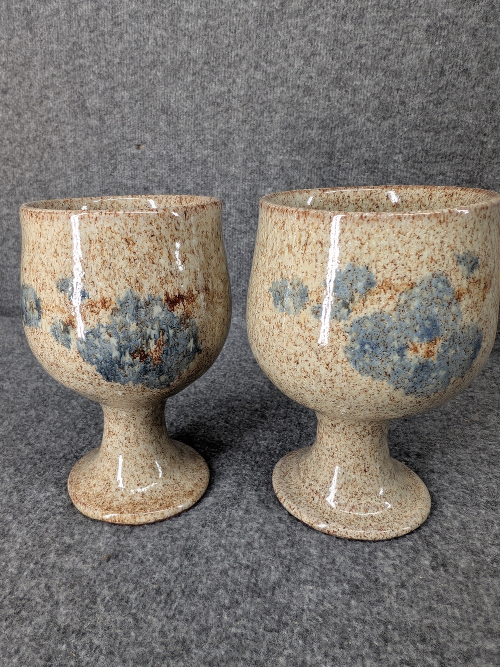 Speckled Cream Ceramic Goblets with Blue Accent - Set of 2